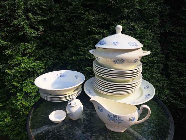 Fajansa pusdienu servīze ar rokas gleznojumu - zilām puķītēm, PFF (Fajansa pusdienu 57)