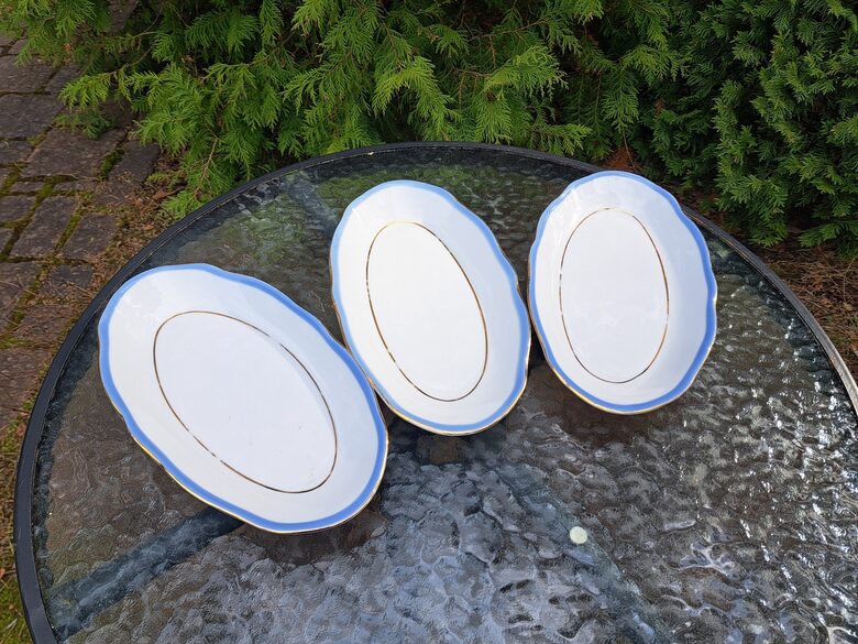 Garenais šķīvis L=27cm gaiši zila mala un zelta apvilkums, forma "Vilnis",  RPR (Vilnis pusdienu 195)