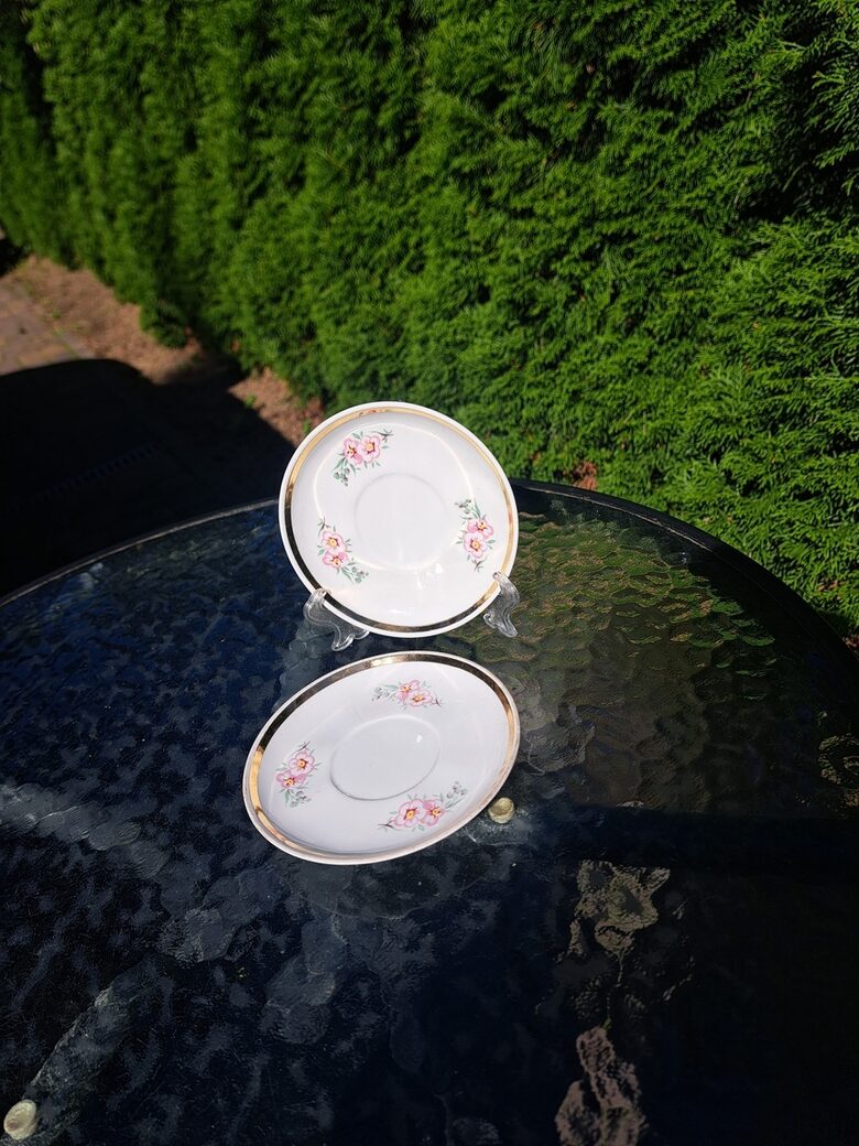 Apakštases ar maigām rozā un dzeltenām puķēm un zeltu, kafijas servīzes "Ārija", RPR (Ārija kafijas 152)