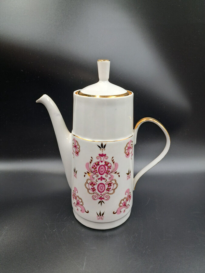 Kafijas kanna, reta plānsienu kafijas servīze "Nelda" ar rozā dekolu un zeltu , RPR (Nelda 24)