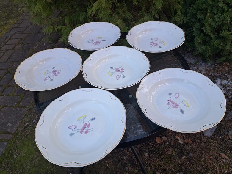 Zupas šķīvji no servīses ROKOKO ar rozā magonēm un zelta apvikumu, d=24cm, PFF (Rokoko 203)