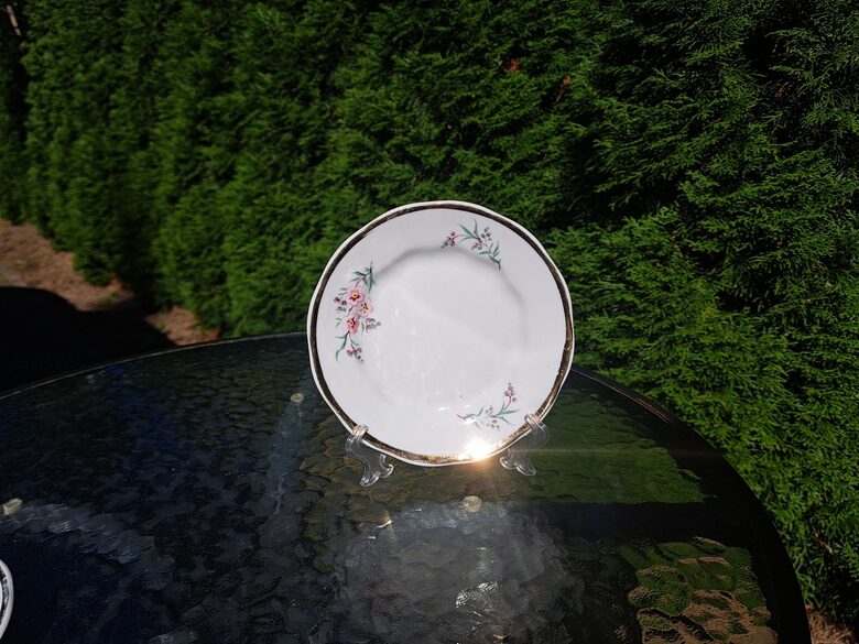 Kūku šķīvji ar maigām rozā un dzeltenām puķēm un zeltu, kafijas servīzes "Ārija", RPR (Ārija kafijas 155)