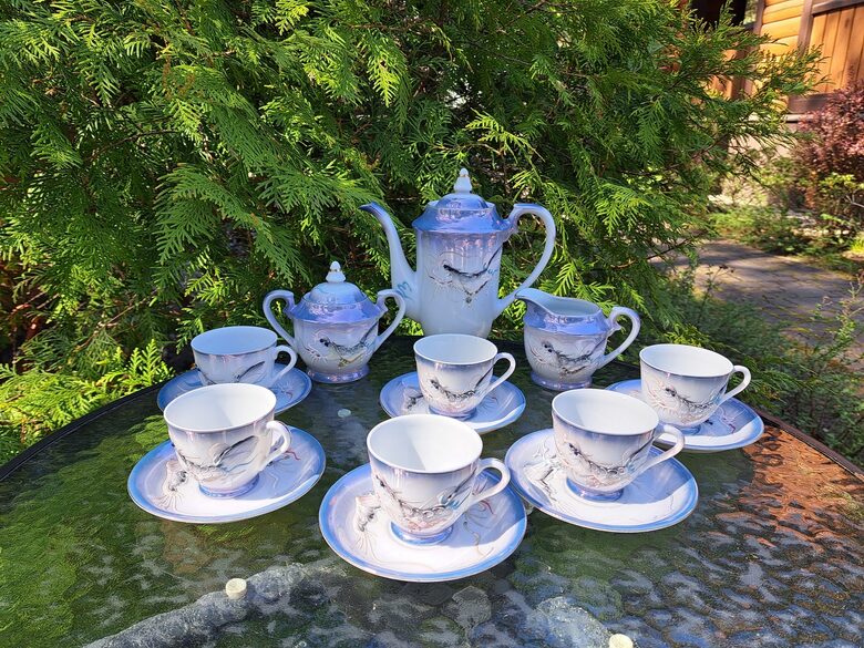 Vintāža tējas servīze lillā "Pūķis", ļoti plānsienu porcelāns, roku darbs, gleznojums, zeltījums (Japāna 21)