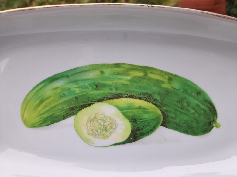 Šķīvis garenais taisnstūra ar gurķiem, zelta apvilkumu,  porcelāns (Kuzņecovs 156)