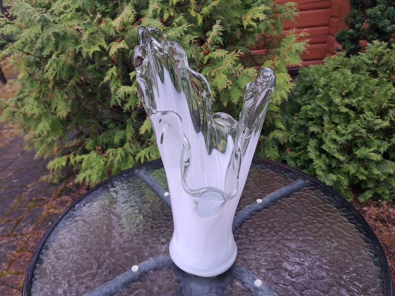 Skaista Murano vāze paina balta un caurspīdīga, h=36cm (Stikla vaze 158)