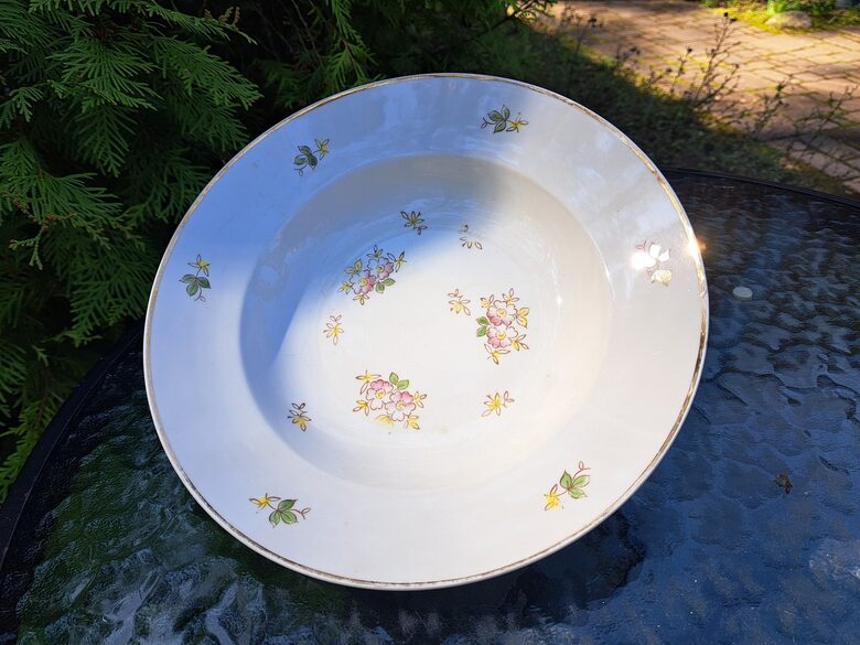 Zupas šķīvis d=24,5cm, pusdienu servīze "Gludā" ar rozā puķītēm (gleznojums) un zeltu, mazs zvūņveida nošķēlums (Gludā 161)