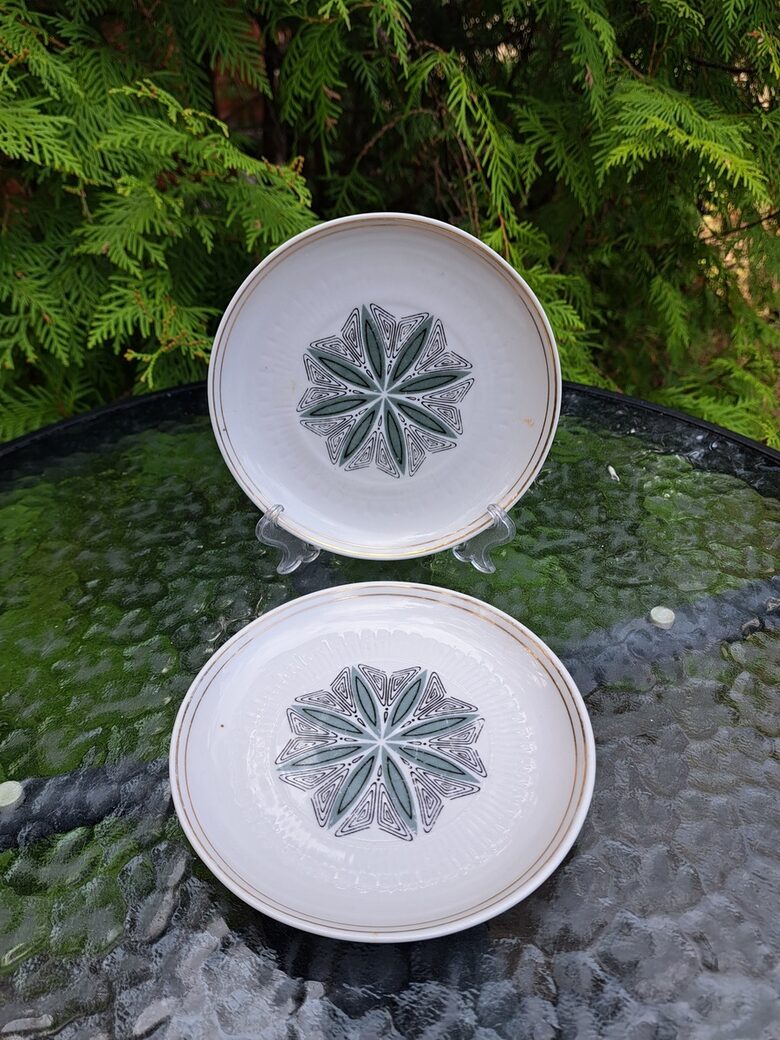 Kūku šķīvji, kafijas servīze "Saulīte" ar melnu un gaiši zaļu puķi centrā, PFF (Saulīte 46)