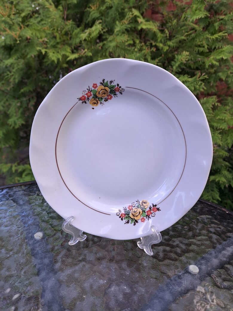 Salātu šķīvji, d=20cm, ar dzeltenām rozēm un sarkanām puķītēm un brūnu apvilkumu centrā, pusdienu servīze "Viktorija", RPR (Viktorija 96)