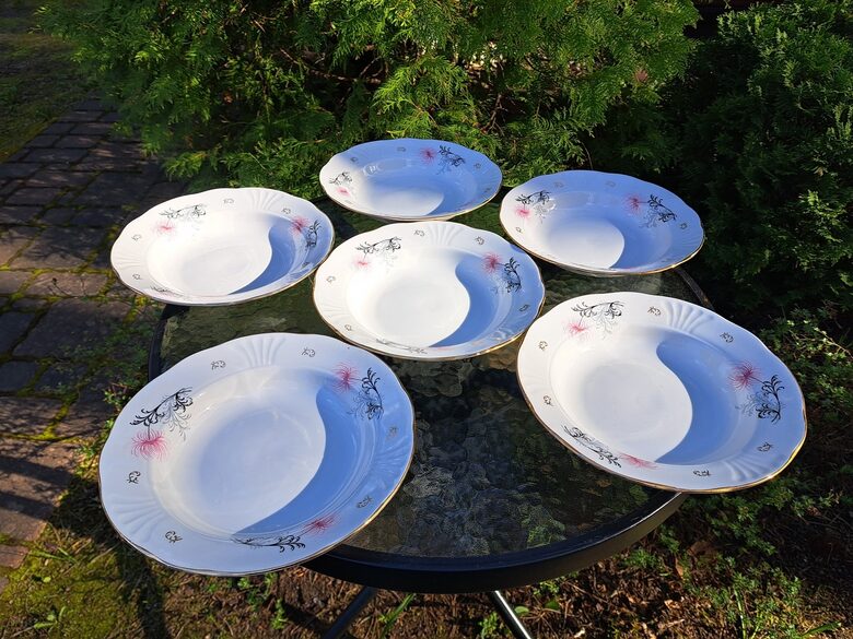 Zupas šķīvji ar lielām rozā (maigs tonis) krizantemām un zeltu, d=24cm, forma "Māra", RPR (Māra pusdienu 173)