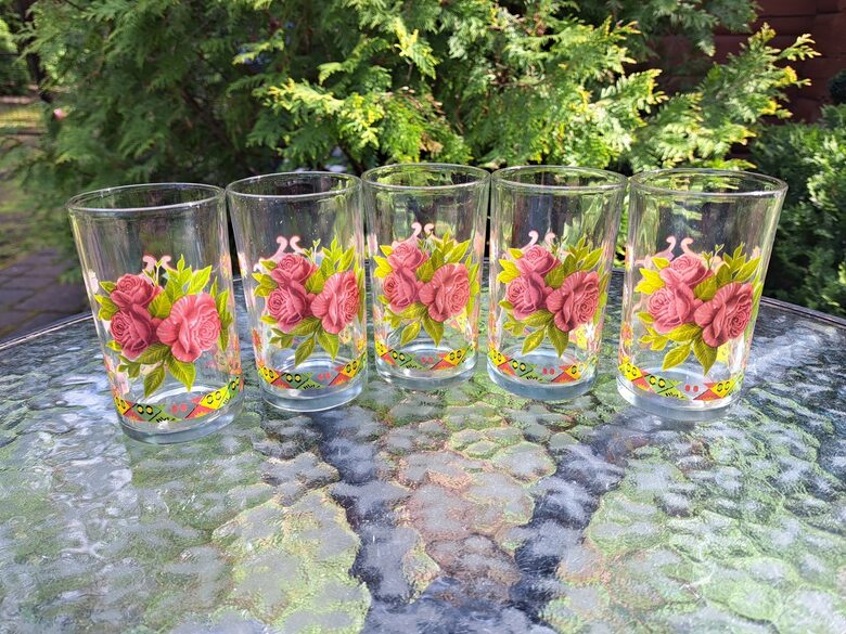 Sulas stikla glāžu komplekts ar košām rozēm (dekols), bez zelta (kompl. 5 personām) (Stikla gl 295)