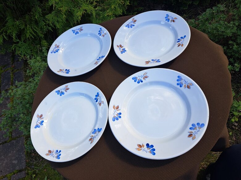 Otrā ēdiena šķīvji, fajansa pusdienu servīze ar zilām puķēm un brūnām lapām, PFF. Diam.24,5cm (Fajansa pusdienu 50)