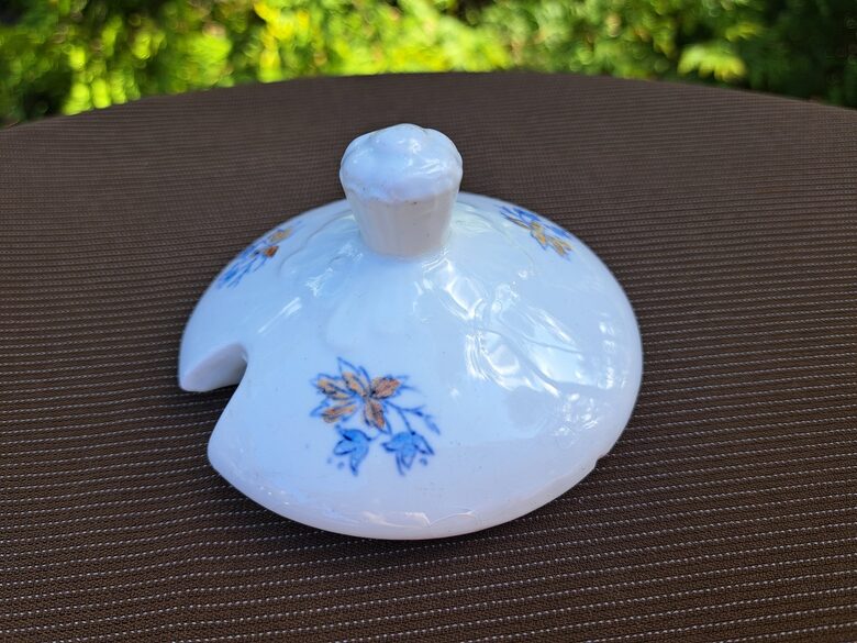 Vāciņš cukurtrauka, fajansa pusdienu servīze ar zilām puķēm un brūnām lapām, PFF (Fajansa pusdienu 46)