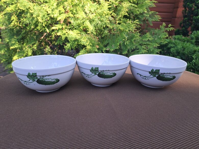 Salātu bļodas ar gurķiem un šauru gaiši zaļu apvilkumu iekšā (Jessen 49)