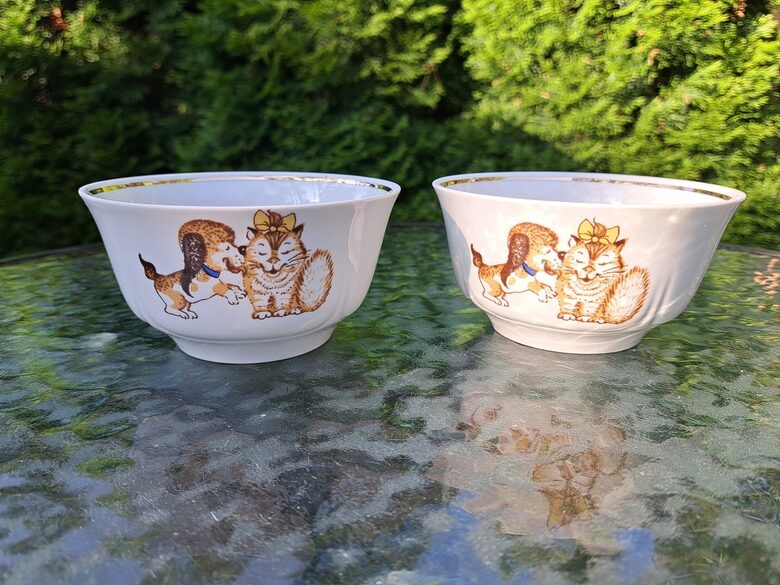 Pialas/bļodiņas bērnu d=11,5cm, ar sunīti-kaķi, torti un zelta apvilkumu no komplekta "Karlsons un Brālītis", RPR (Bērnu 148)