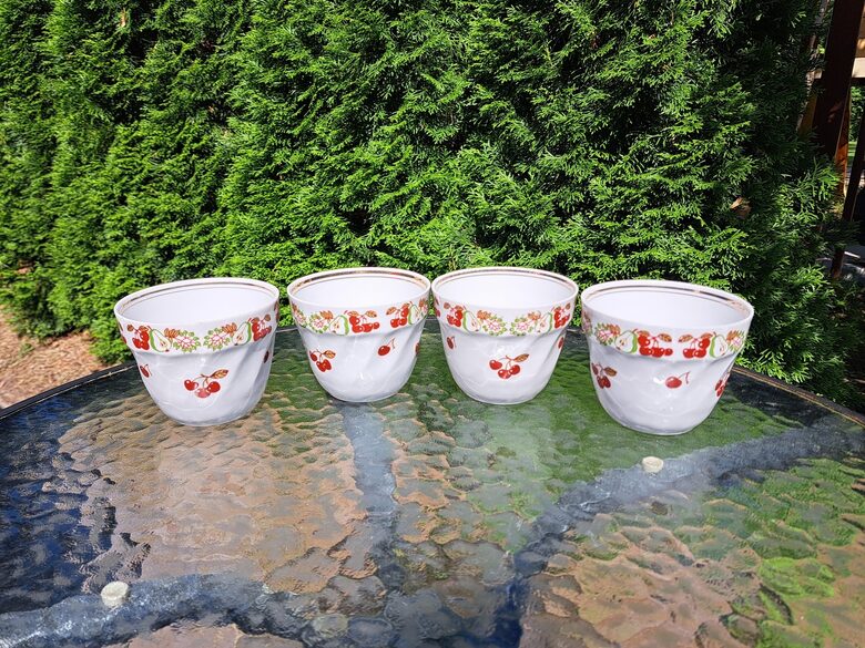 Krūzes/bļodiņas no kompota servīzes ar ķīršiem, bumbieriem un zeltu, RPR (Kompota 25)