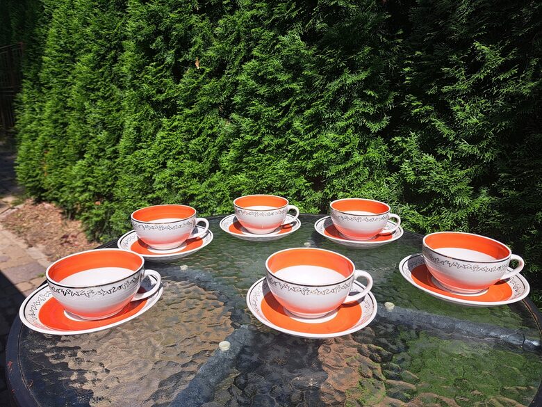 Komplekts 6 personām, servīze "Marijka", 6 tējas pāri ar sarkanu malu un zeltu, PFF (Marijka 99)