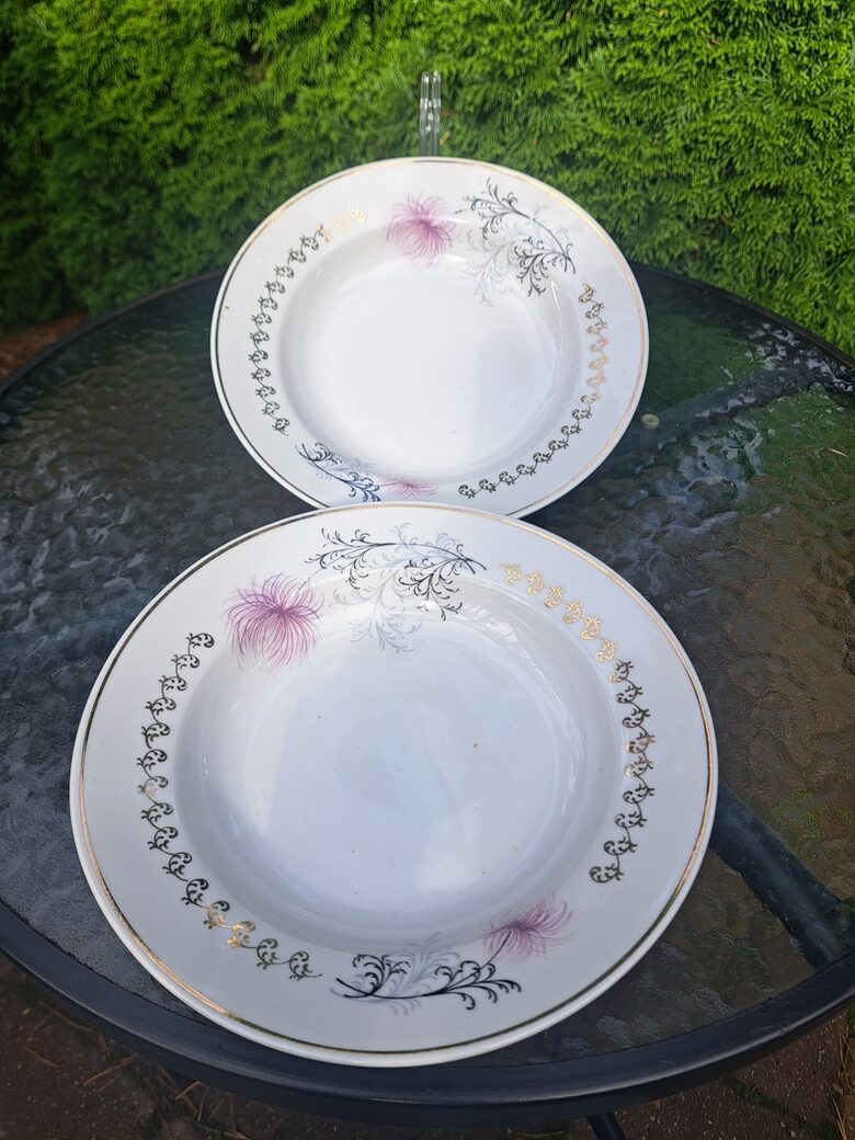 Zupas šķīvji, diam. 24cm, pusdienu servīze "Aija-2" ar zeltu un lillā krizamtēmu, RPR (Aija-2 pus 113)