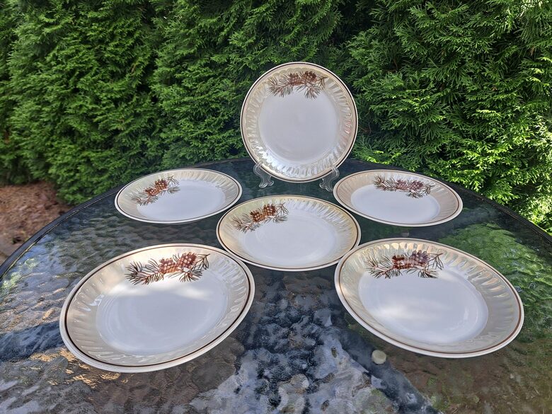 Kūku šķīvji, plānsienu kafijas servīze "RĪGA" lustrēta (gaišs lustras tonis) ar čiekuriem ar brūnu apvilkumu, RPR (Rīga 80 119)