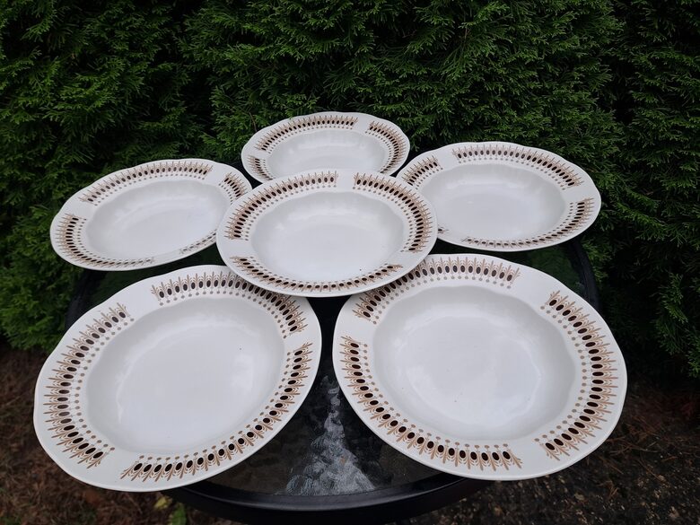 Zupas šķīvji, pusdienu servīze "Ārija" ar reti sastopamu brūnu/bēšu dekolu, d=24cm, RPR (Ārija pusdienu 448)