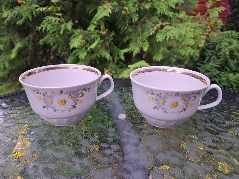 Krūzītes, tējas servīze "Māra" ar margrietiņām, RPR. Zeltam iekšā ir stiprs nolietojums (Māra tējas 239)