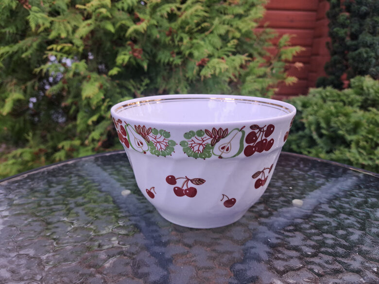 Lielā bļoda no kompota servīzes ar ķīršiem, bumbieriem un zeltu, RPR (Kompota 24)