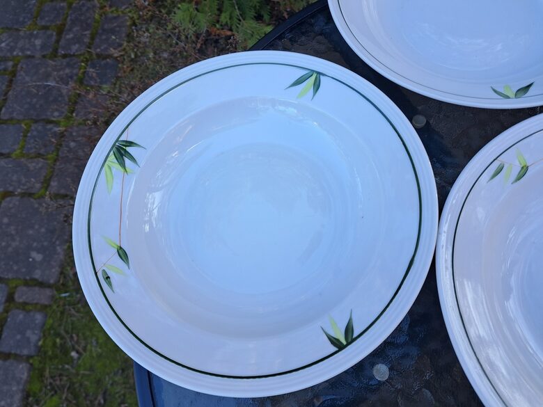 Zupas šķīvji ar zaļām lapiņām un zaļu apvilkumu, diam.24,5cm, no ļoti retas pusdienu servīzes "Vārpa" (Vārpa 26)