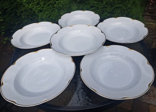 Eleganto balto ar zelta malu zupas šķīvju komplekts 6 personām, diam. 24cm. Ražotājs: Arabia, Somija (Citi rpt 331)