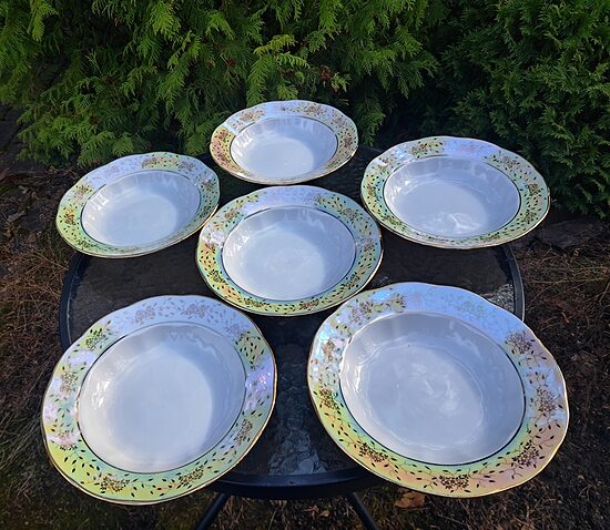 Zupas šķīvju komplekts 6 personām d=24cm, pusdienu "Ārija" ar neredzētu uz "Ārijām" lustrētu ar zeltu dekolu, kā "Siguldai", RPR (Ārija pusdienu 481)