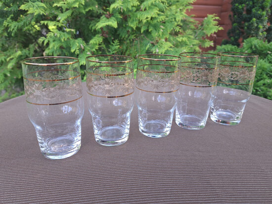 Kristāla sulas glāžu ar zelta apvilkumiem un gravēšanu komplekts 5 personam, Čehija. Tilpums - 200ml (Kristāls gl 179)