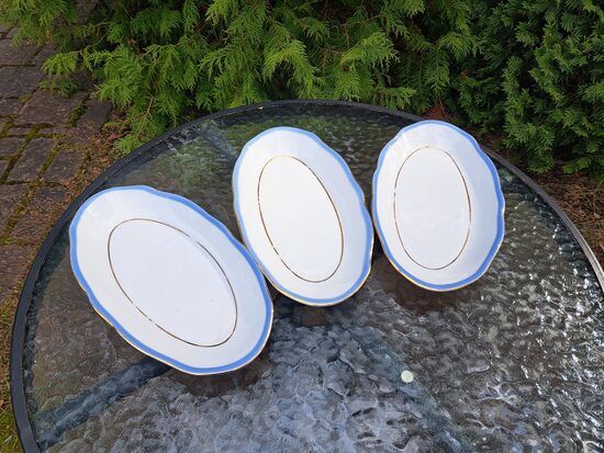 Garenais šķīvis L=27cm gaiši zila mala un zelta apvilkums, forma "Vilnis",  RPR (Vilnis pusdienu 195)