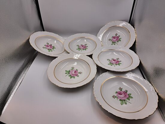 Eleganto zupas šķīvju ar košām rozēm un zeltu, reljefa mala, d=24cm komplekts 6 personām, Kahla (Vācija 275)