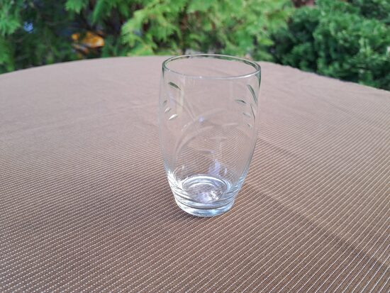 Stikla glāzīte-muca ar rokas gravēšanu augs ar puķēm, bez zelta. 1960.ie gadi.  Tilpums 150ml (Stikla gl 284)