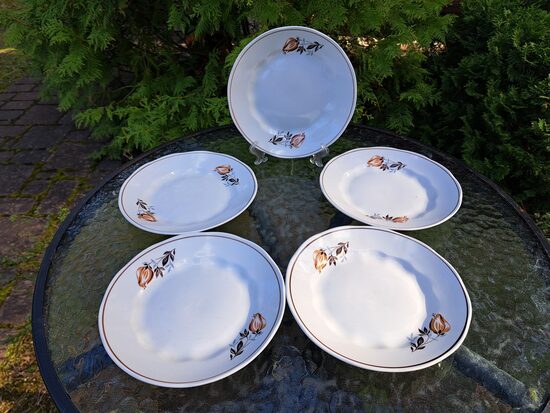 Maizestu šķīvji d=17cm ar brūnām tulpēm un brūnu apvilkumu gar malu (bez zelta), pusdienu servīze "Ārija", RPR (Ārija pusdienu 416)