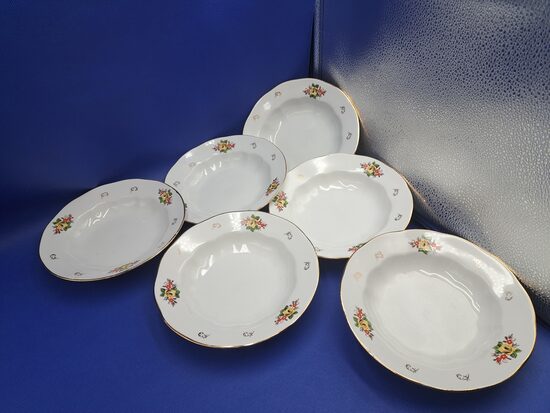 Šķīvji zupas d=20cm, pusdienu servīzes "Ārija" ar dzeltenām rozītēm, sarkanām puķītēm un zeltu, RPR (Ārija pusdienu 396)