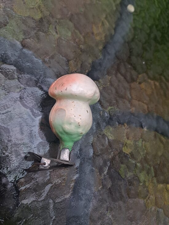 Baravika maigi rozā un zaļāuz piespraudes. Izmēri 7cmx4,5cm (Egle sēnes 10)