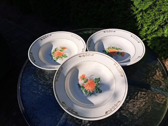 Zupas šķīvji d=24cm ar oranžām krizantēmā un zeltu pusdienu servīze "Gludā", PFF (Gludā 169)