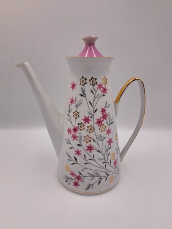 Kafijas kanna, plānsienu porcelāna servīze "VITA" ar retu rozā puķīšu dekolu un zeltu un rozā vāciņu, RPR (Vita 113)