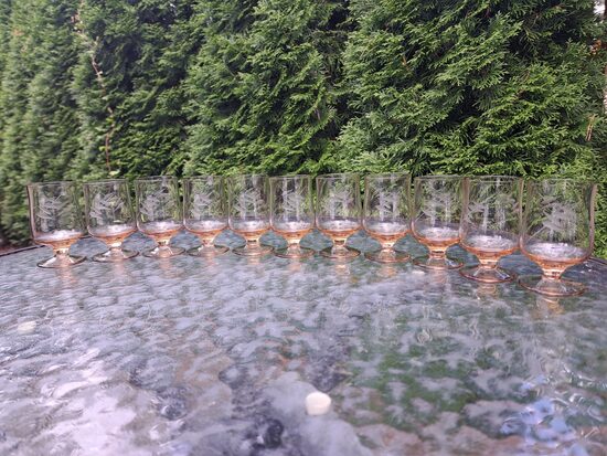 Izsmalcināto mēdus krāsas stikla glāzīšu komplekts uz kājiņas ar gravēšanu 11 personām, Latvijas pasts (Stikla gl 320)