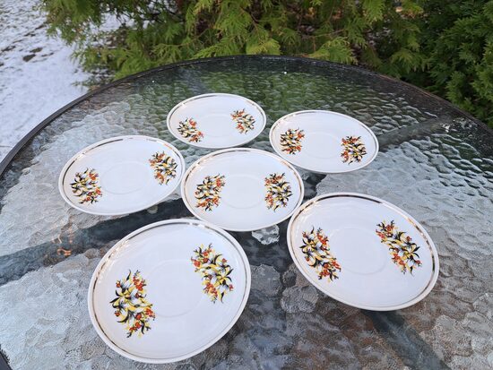 Kafijas apakštases, kafijas servīze "Ārija" ar sniegpulkstenītēm un šauru zelta strīpu, RPR. Diam. 12,3cm (Ārija kafijas 145)