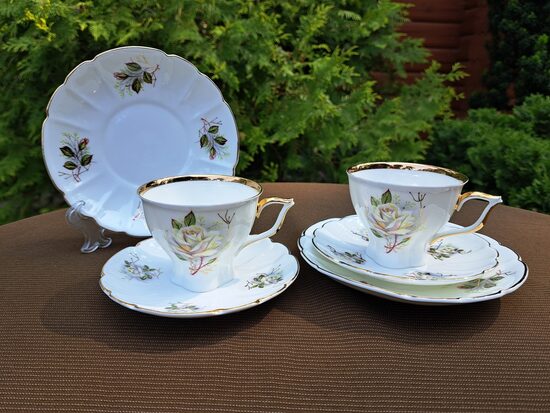 Burvīgi plānsienu porcelāna kafijas trio ar maigām rozēm un zeltu, Jiesia (LT 03)