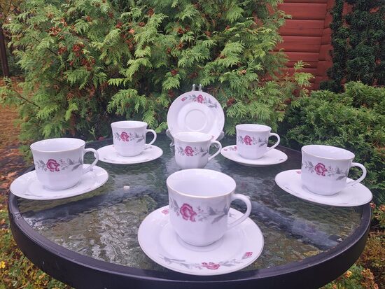 Skaists porcelāna kafijas pāru komplekts 6 personām, tilp.150ml, ar rozā puķēm un zelta apvilkumu (Citi rpt 337)