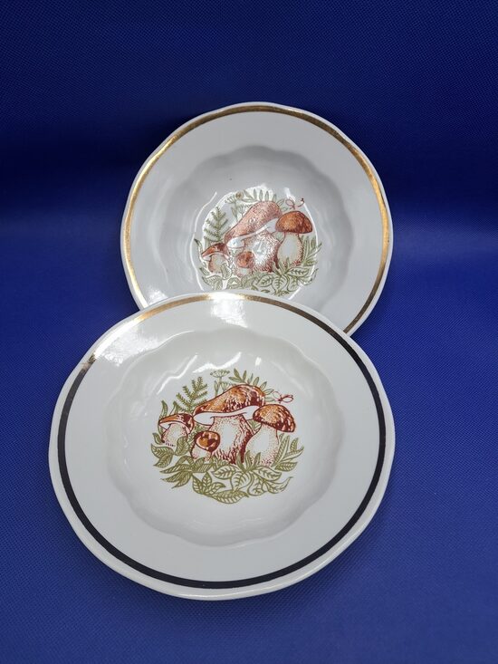 Vintāžs bērnu zupas šķīvis "Sēnes" ar platu zelta apvilkumu, forma "Āreija", RPR (Bērnu 132)