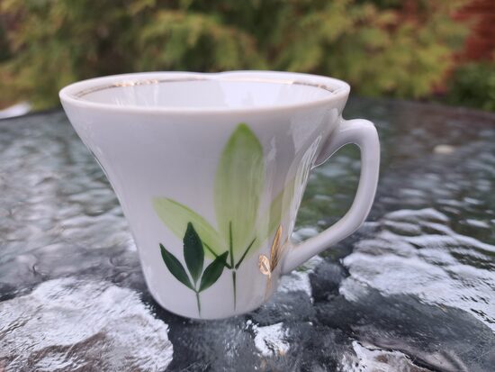 Krūzīte ar zaļām lapiņam, kafijas servīze "Stella", zelta nolietojums, malas negludums (Stella 96)