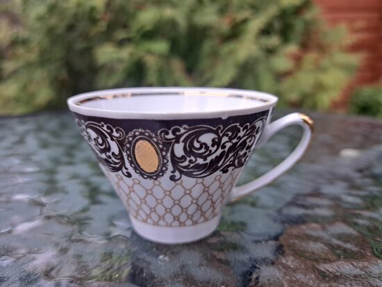 Plānsienu porcelāna krūzītes, servīze "VITA" ar brūnu tikliņu  un zelta kamejām, mazs plakans nošķēlums (Vita 100)