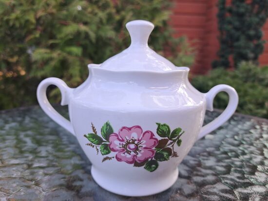 Cukurtrauks no tējas servīzes "Ārija" ar mežrozītēm bez zelta un bez lustras, RPR (Ārija tējas 195)