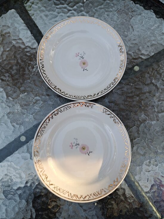 Kūku šķīvji, servīze "Jūrmala", zelta raksts un rozā puķītes centrā, PFF (Jūrmala 30)