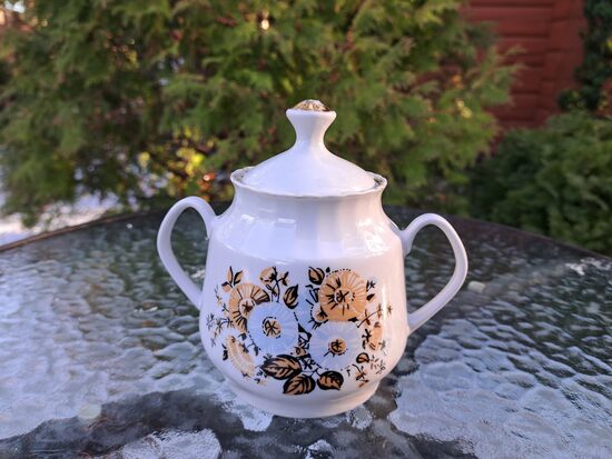 Cukurtrauks, tējas servīze "Māra" ar bēši zilām puķēm, RPR (Māra tējas 213)