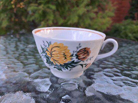 Krūzīte, tējas servīze "Viktorija" ar dzeltenām asterēm un bēšu apvilkumu iekšā, RPR (Viktorija t 201)