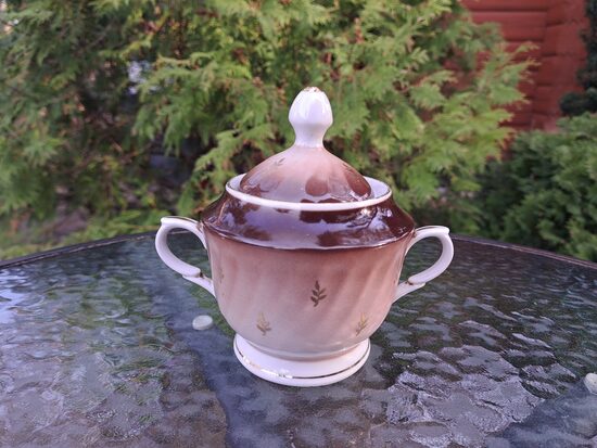 Cukurtrauks brūns(tumšaks tonis) ar zelta zariņiem, kafijas servīze "Rīga" 80.ie gadi, RPR (Rīga 80 114)