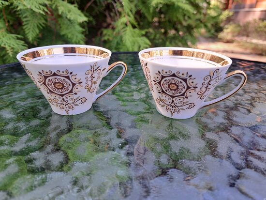 Krūzītes, plānsienu kafijas servīze "Vita" ar klasisku brūnu dekolu un ļoti platu + šauru zelta svíītrām,  RPR (Vita 102)